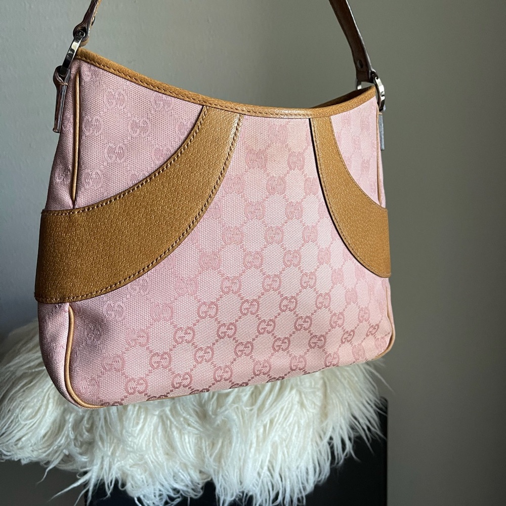 Authentic Pink Gucci Leather Canvas Logo Handbag